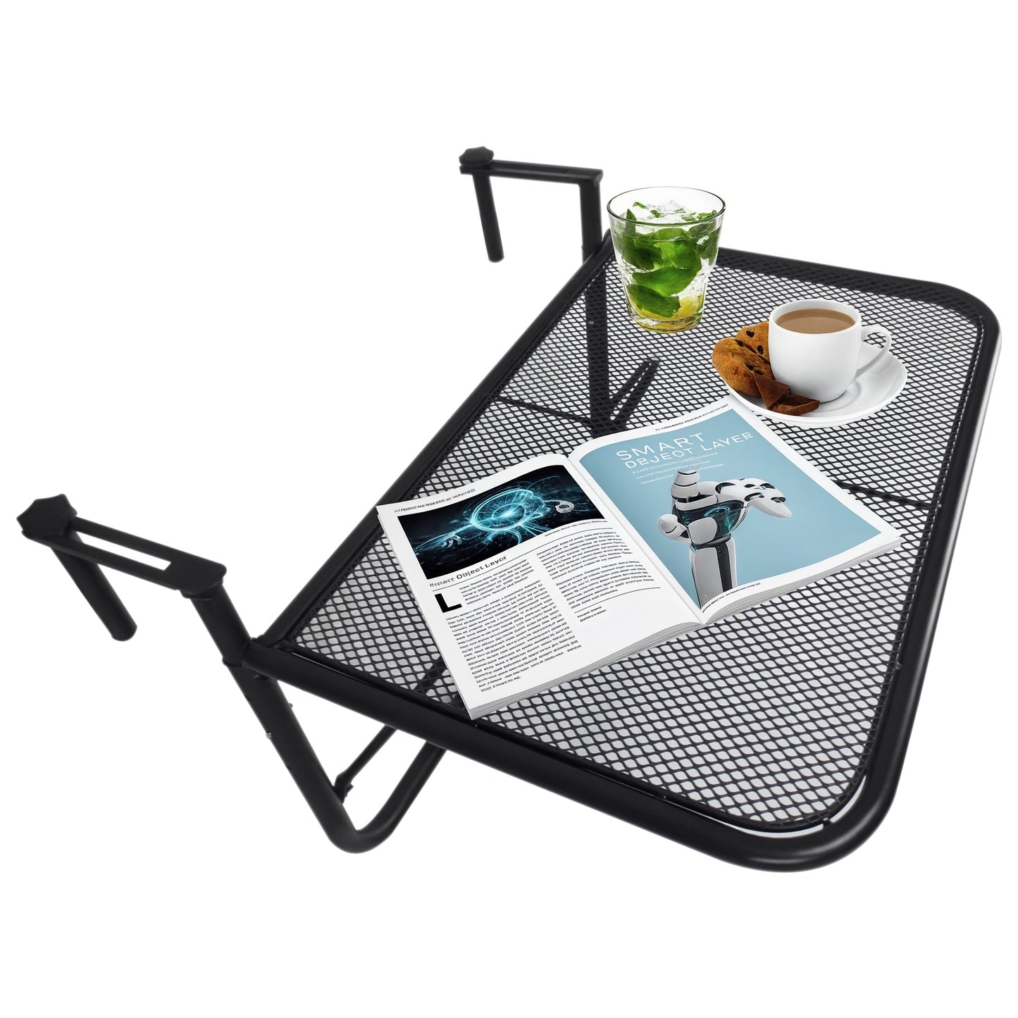 3-Tier Adjustable Height Railing Table with Hooks, Metal, 60x56.5x45 cm, Black