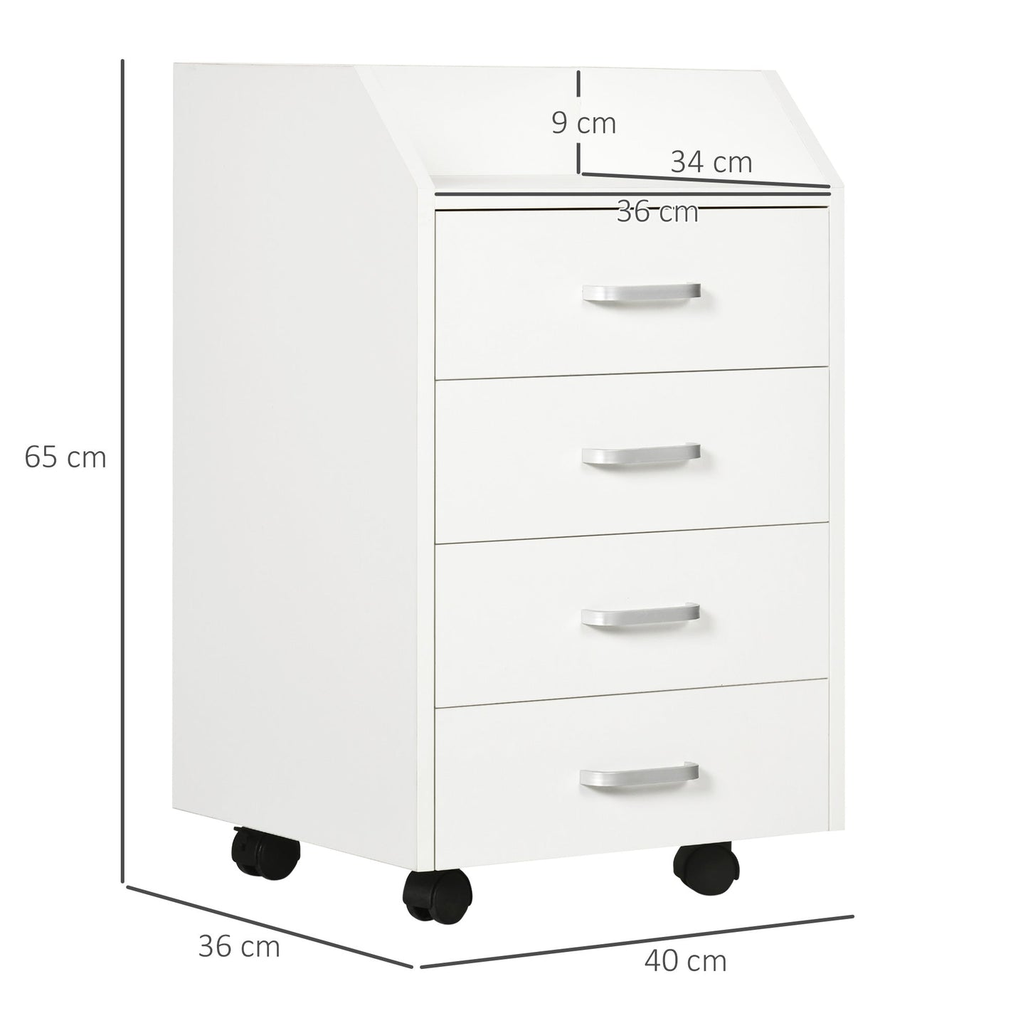 Wooden Office Chest with 4 Drawers, Wheels and Raised Edges, 40x36x65cm, White