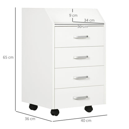 Wooden Office Chest with 4 Drawers, Wheels and Raised Edges, 40x36x65cm, White