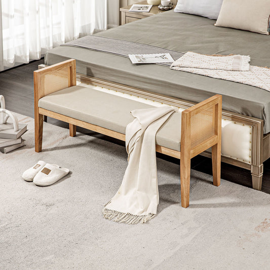 Boho Bed Bottom Bench with Padded Seat and Armrests in Wood and Rattan, 120x38x61.5cm, Cream