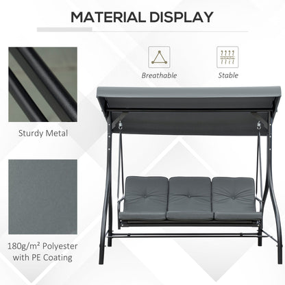 3 Seater Garden Swing Convertible to Lounger with Adjustable Canopy, Dark Grey