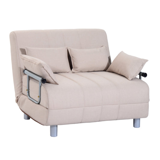 3 in 1, 2 Seater Sofa Bed Convertible to Recliner with Adjustable Backrest and 4 Padded Cushions, 102x82x81 cm, Beige