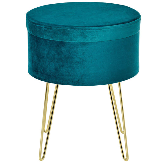 2 in 1 Storage Ottoman with Stool and Coffee Table Function, in Wood and Green Fabric, Metal with Gold Finish, 36x36x45cm