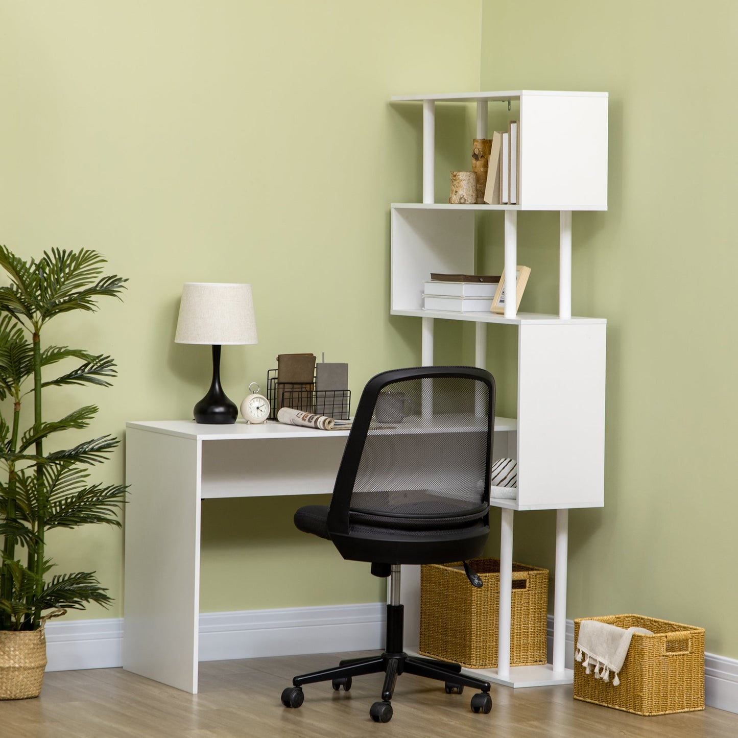 Modern Chipboard Corner Desk for Office and Study with 4-Tier Shelf, 120x80x176 cm, White