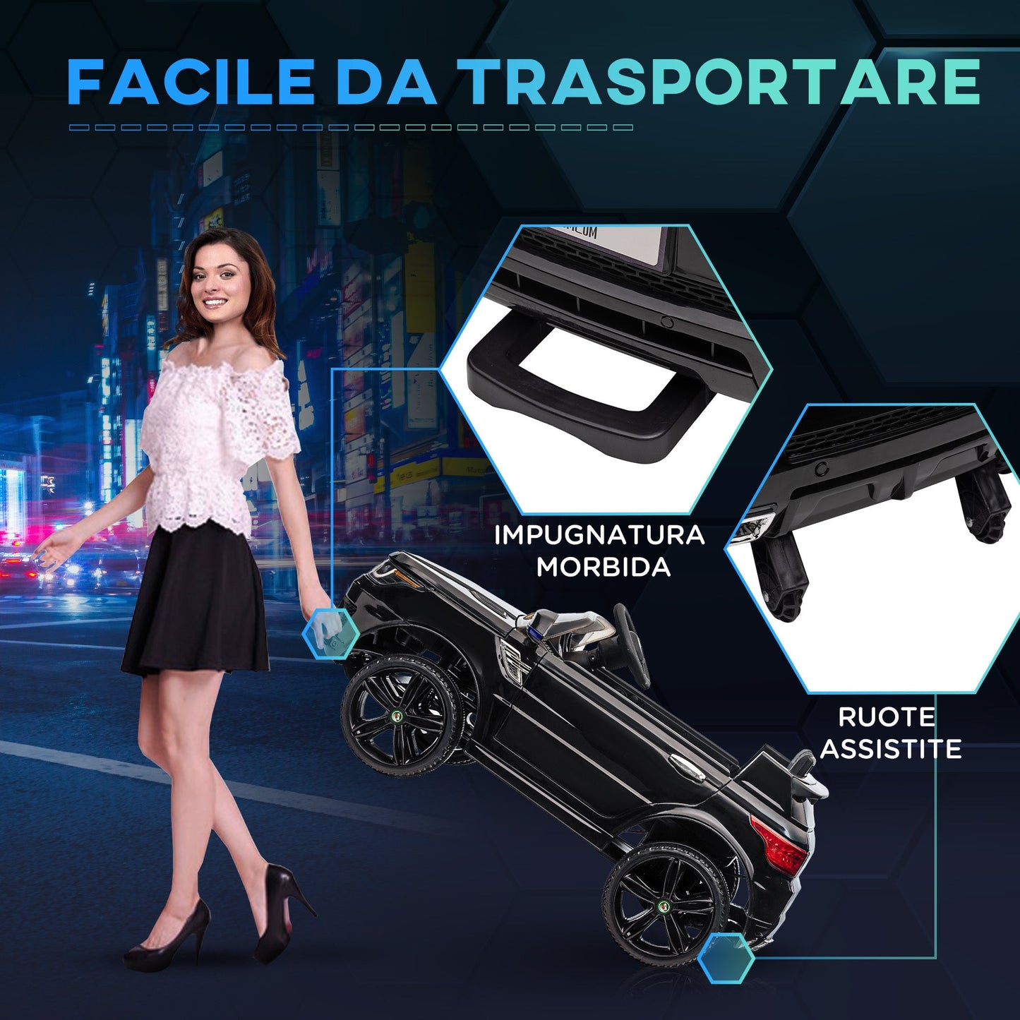 Electric Ride-On Car for Children 3-6 Years with Remote Control, LED Lights and Horn, in PP and Metal, 110x68x52 cm, Black