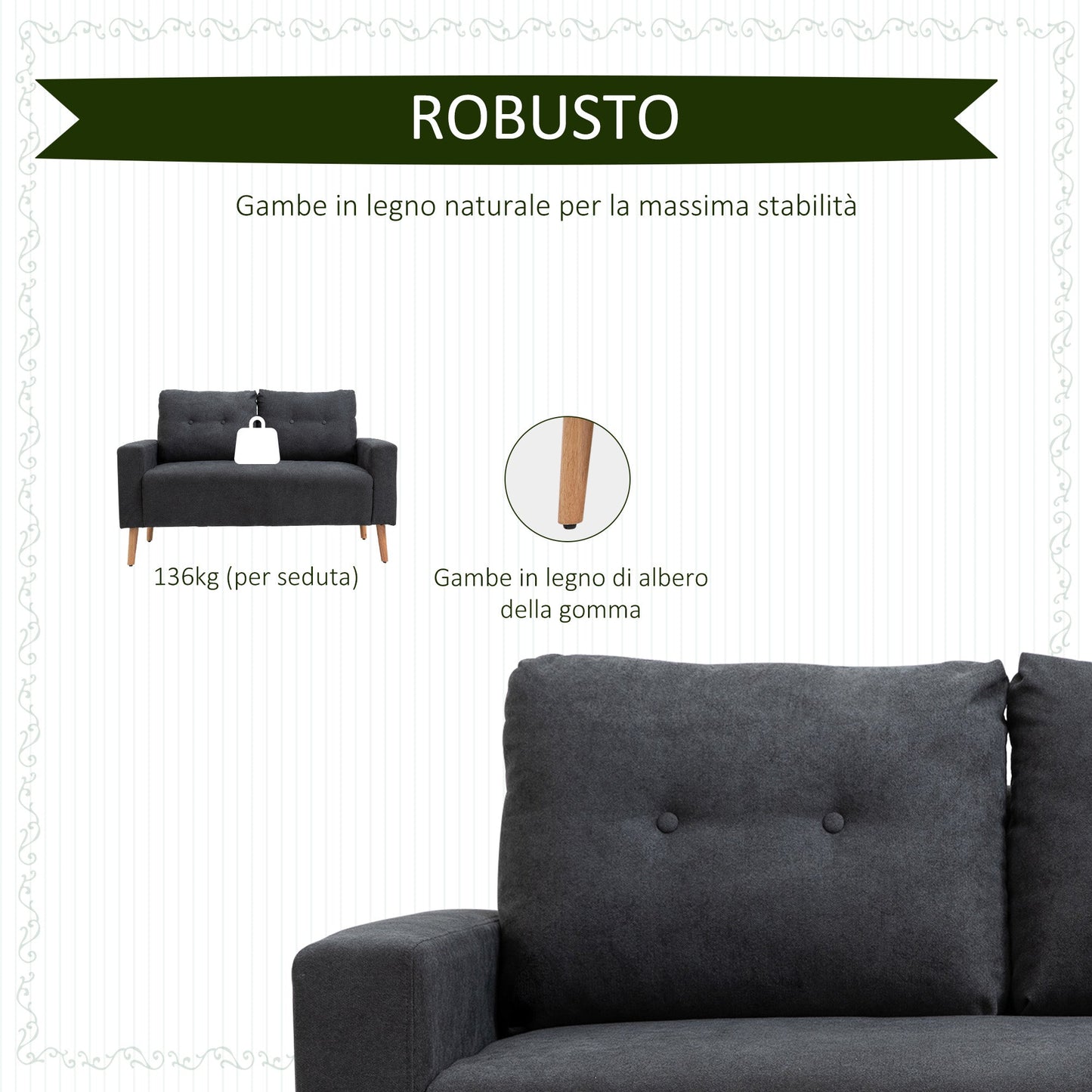 Nordic Style Modern 2-Seater Sofa with Quilted Fabric Backrest, 145x76x88 cm, Grey