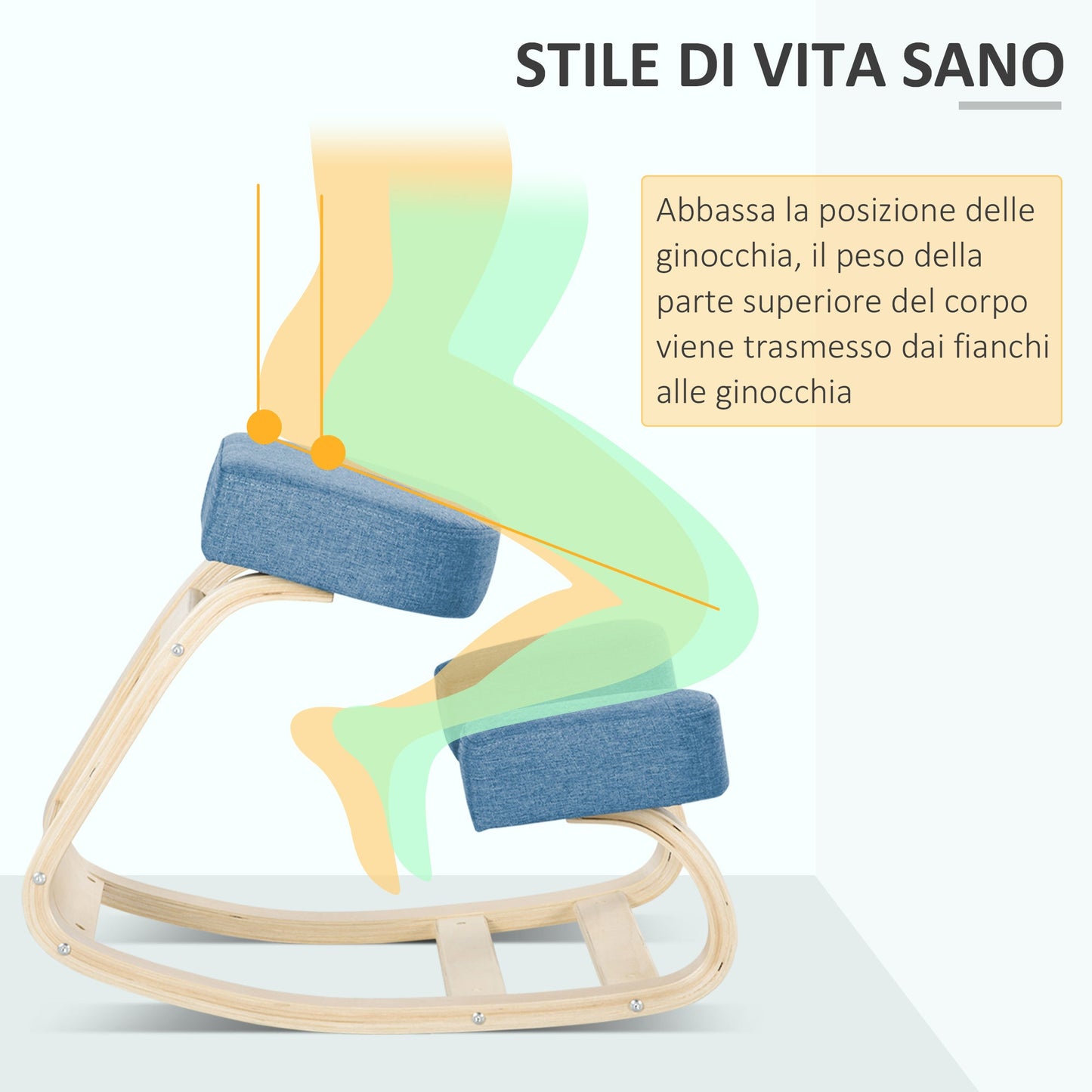 Ergonomic Chair with Kneeler in Birch Wood and Cushion, 51x69x58cm, Blue