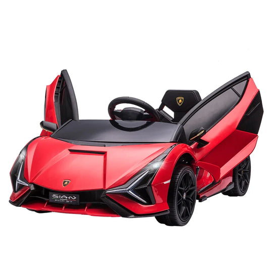 Electric Ride-On Toy Car for Kids 3-5 Years Old 12V Lamborghini SIAN, 3-5km/h Electric Car for Kids with 2 Motors, Headlights and Music, Remote Control, Seat Belt and Horn, Red
