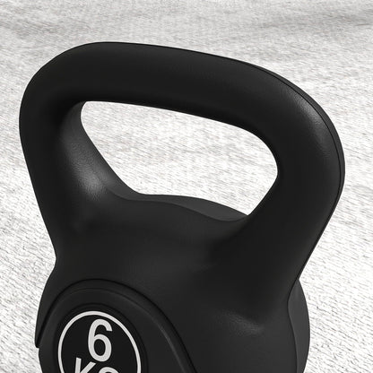 Kettlebell 6kg in Plastic and Sand with Flat Base and Handle, 20x13x22 cm, Black