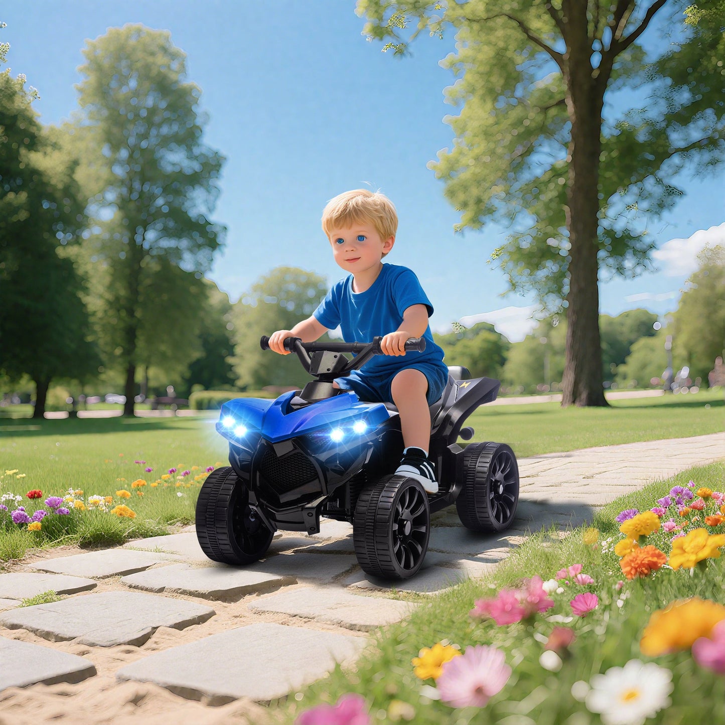 Kids Electric Quad Bike ATV with 6V Rechargeable Battery, LED Headlights and Music, Ages 3-8 Years, Blue