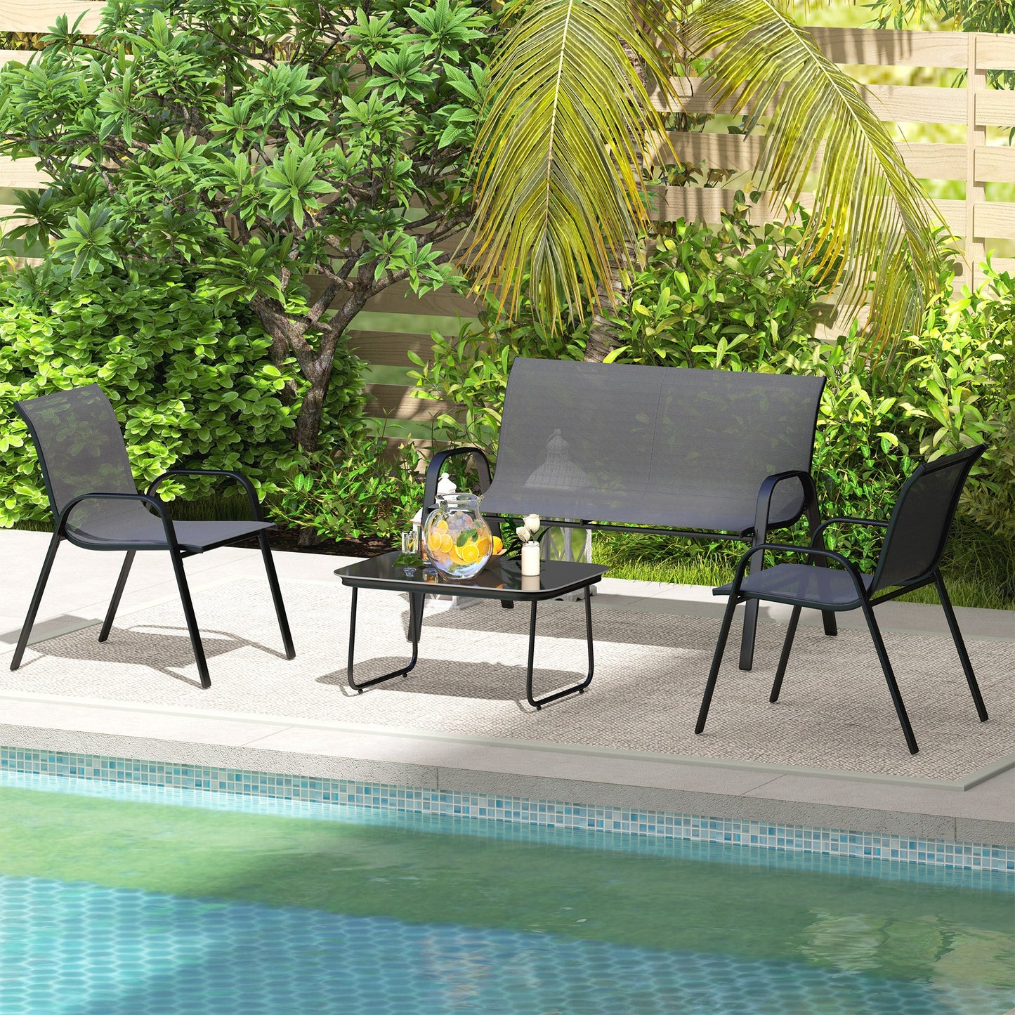 Garden Set with 2 Seater Sofa, 2 Stackable Armchairs and Glass Coffee Table, Black