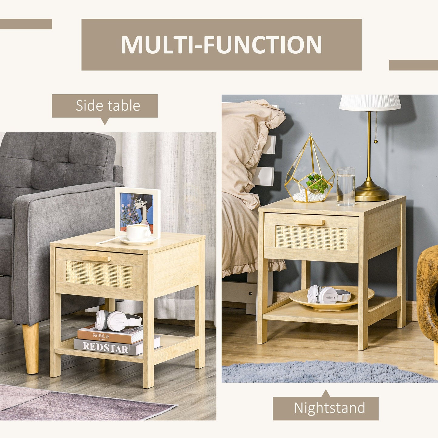 Modern Bedside Table with Drawer and Lower Shelf for Storage, in MDF, 40x40x48 cm, Wood color