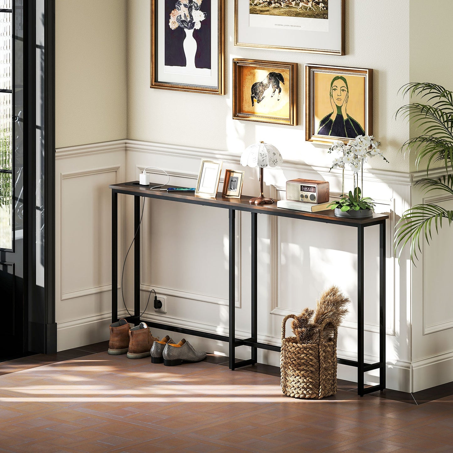 Industrial Style Console Table with Charging Station, in Wood and Steel, 160x20x80 cm, Brown