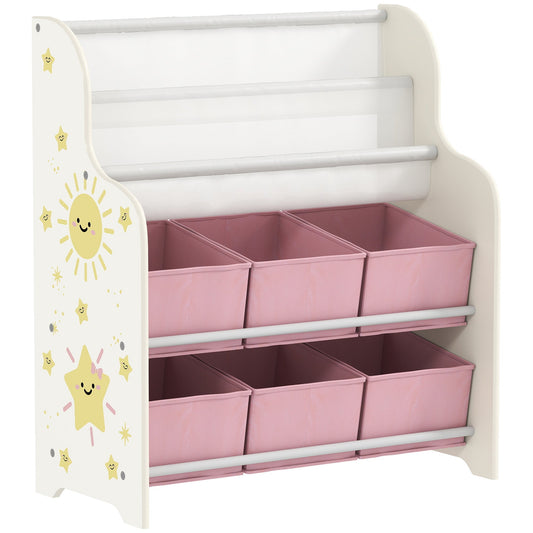 Toy Storage Shelf with 6 Fabric Drawers and 2-Tier Bookcase, Wood and Steel, 63x30x71 cm, Pink
