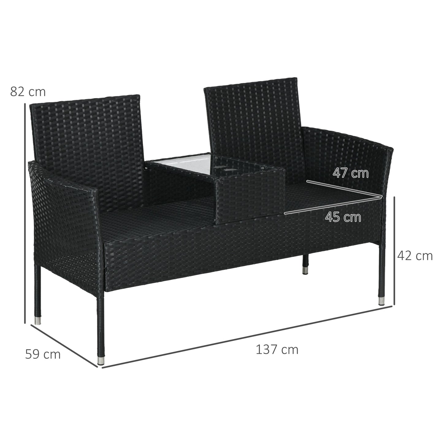 2 Seater Outdoor Sofa with Coffee Table, Steel and PE Rattan, 137x59x82 cm, Black