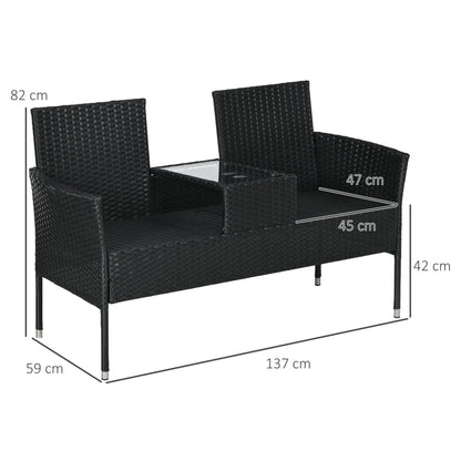 2 Seater Outdoor Sofa with Coffee Table, Steel and PE Rattan, 137x59x82 cm, Black