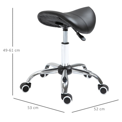 Saddle Work Stool with Wheels and Adjustable Height for Hairdressing and Tattoo Shops, 52x53x49-61cm Black