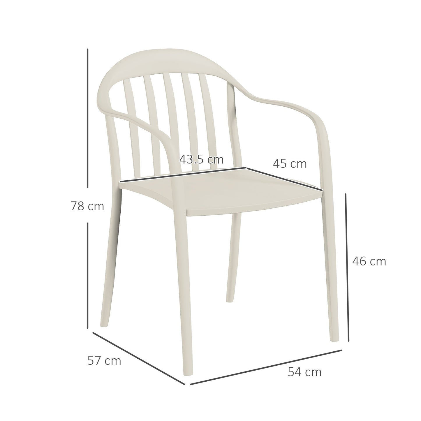 et of 4 Stackable Garden Chairs in PP with High Backrest and Armrests, 57x54x78 cm, White