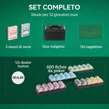 Poker Set with 600 Chips, Cards & Mat in Black Case