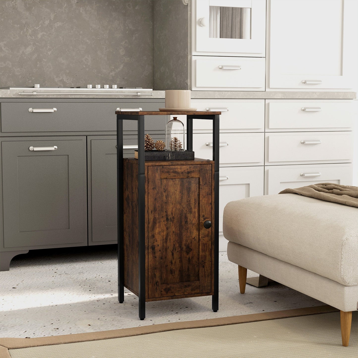 Industrial Bedside Table with 2 Shelves and Adjustable Internal Shelf, in Wood and Steel, 34x30x80 cm, Brown