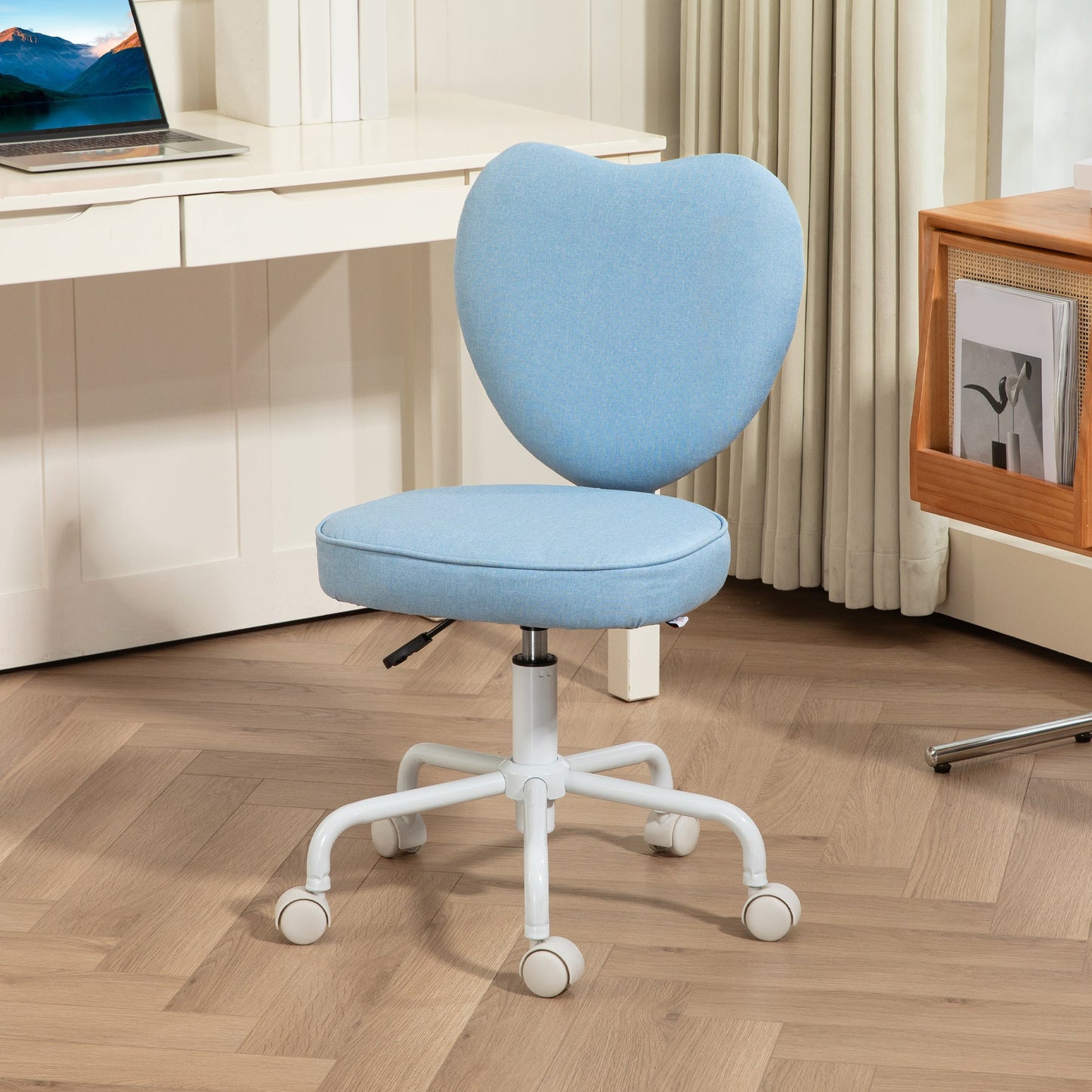 Heart-Shaped Desk Chair with 5 Wheels and Adjustable Height in Fabric, 40x50x79-89cm, Blue