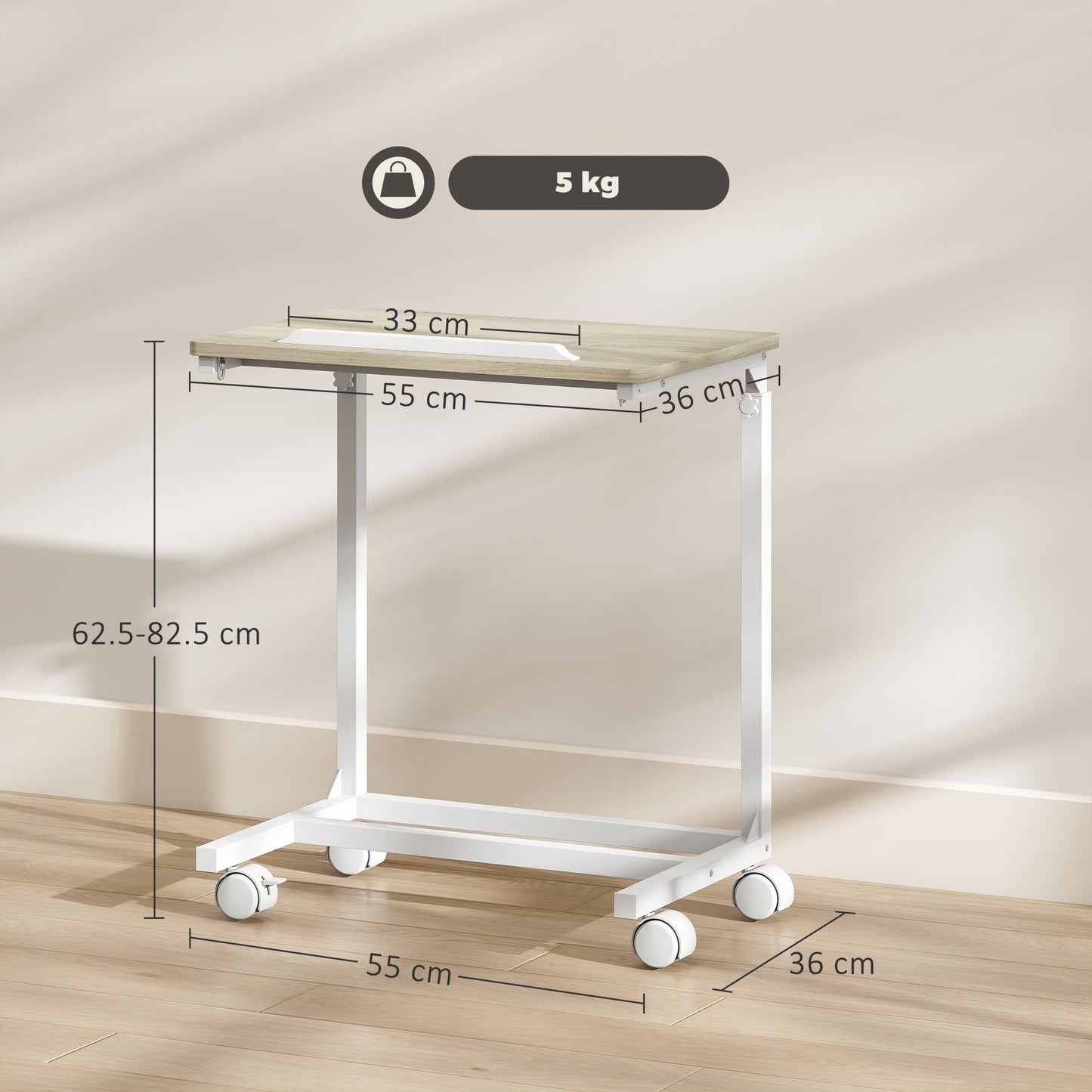 Adjustable Work Table with Tilting Top and 4 Wheels, in Wood and Metal, 55x36x62.5-82.5 cm, White and Oak