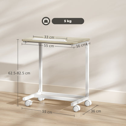 Adjustable Work Table with Tilting Top and 4 Wheels, in Wood and Metal, 55x36x62.5-82.5 cm, White and Oak