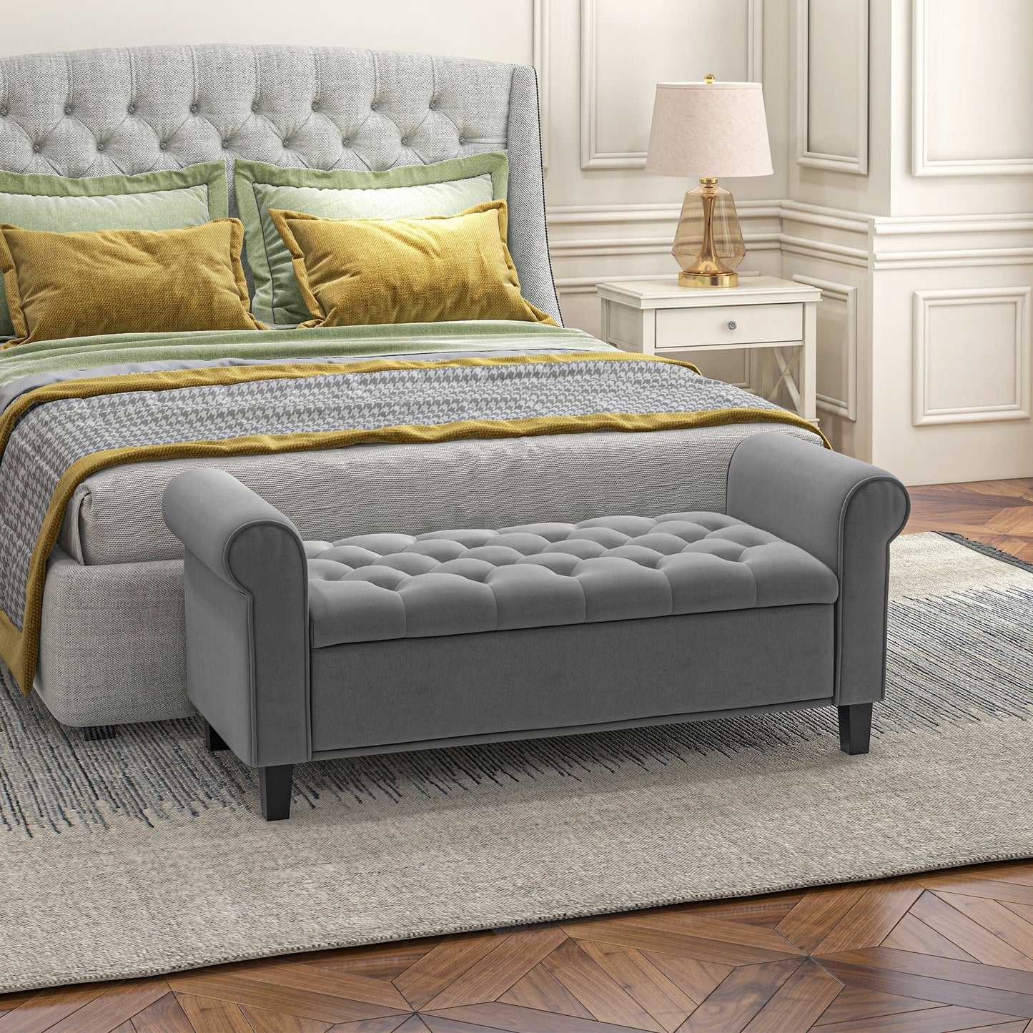 Velvet Fabric Bed End Bench with Storage Space and Armrests, 126x48.5x57 cm, Grey