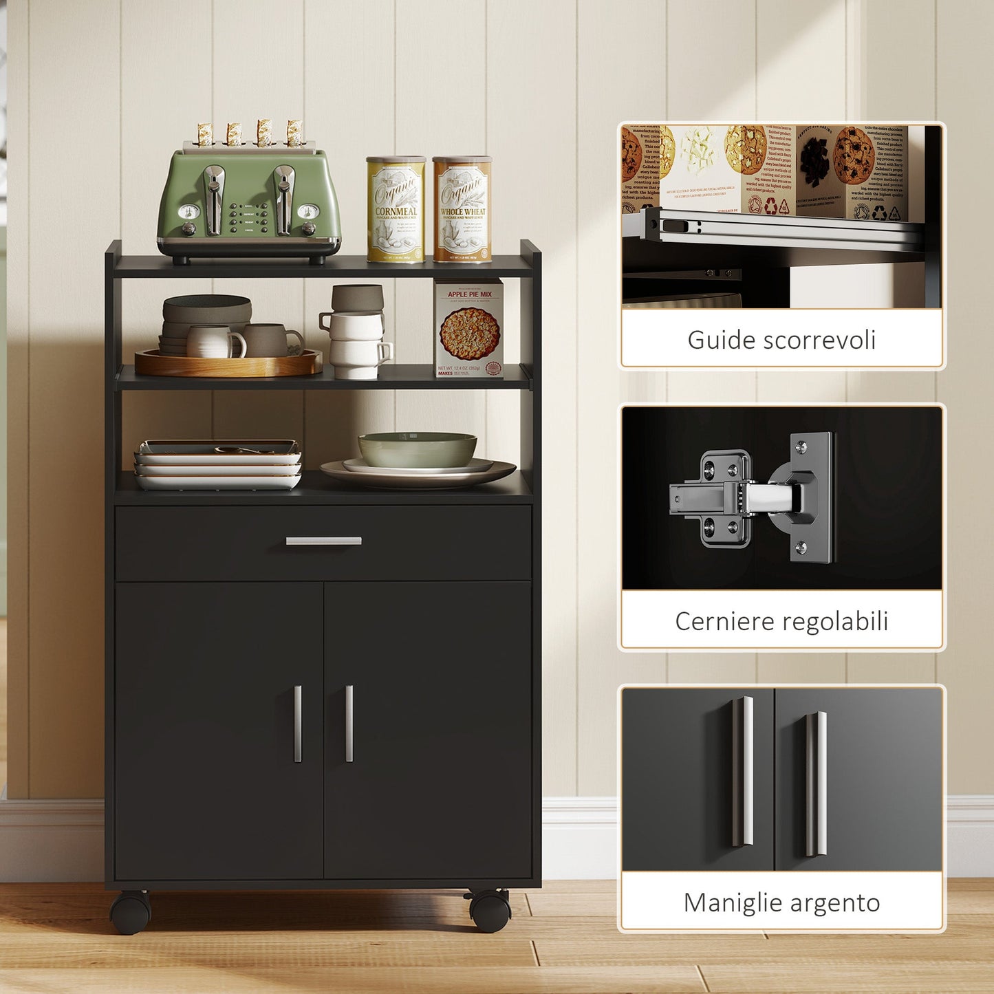 Wooden Microwave Cabinet with Drawer, 2-Door Cabinet and 2 Shelves, 59x40x92 cm, Black