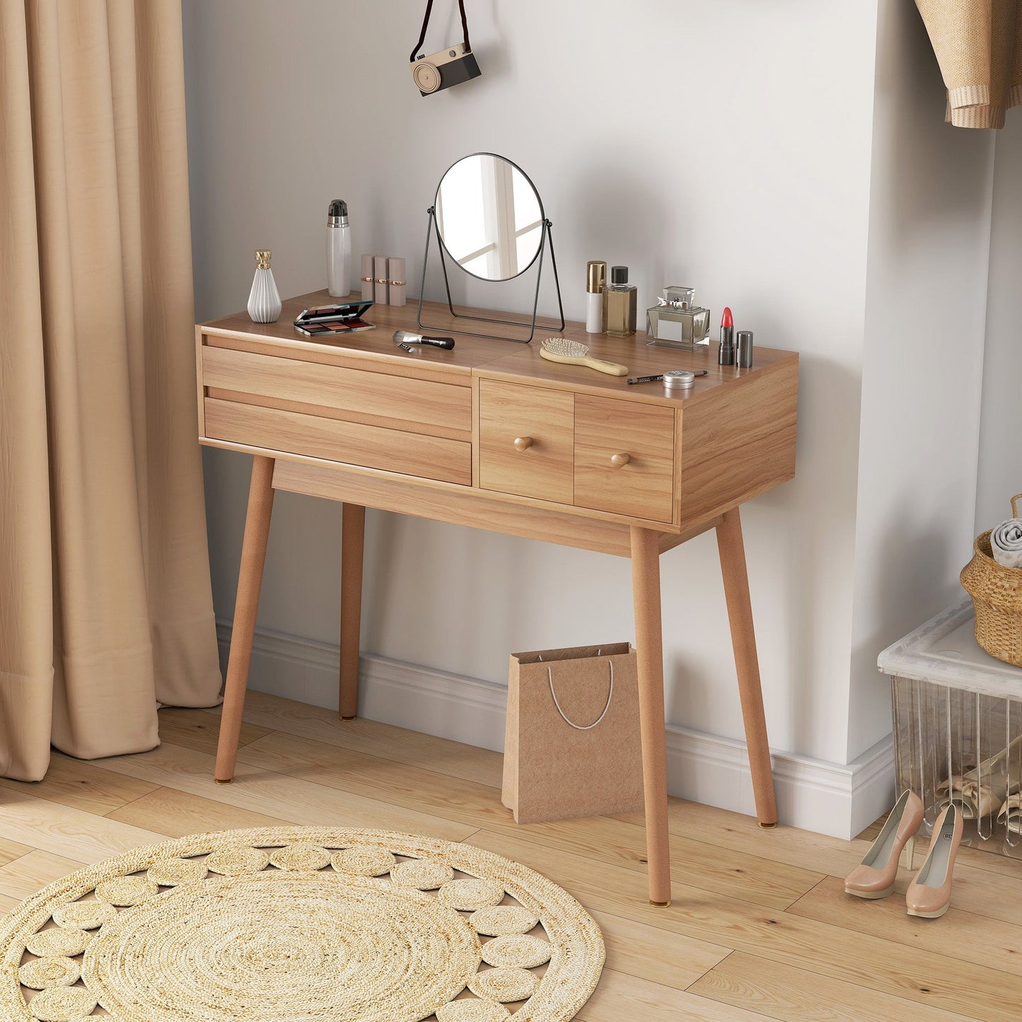 Wooden Dressing Table with LED Mirror and Storage, 100x40x87 cm