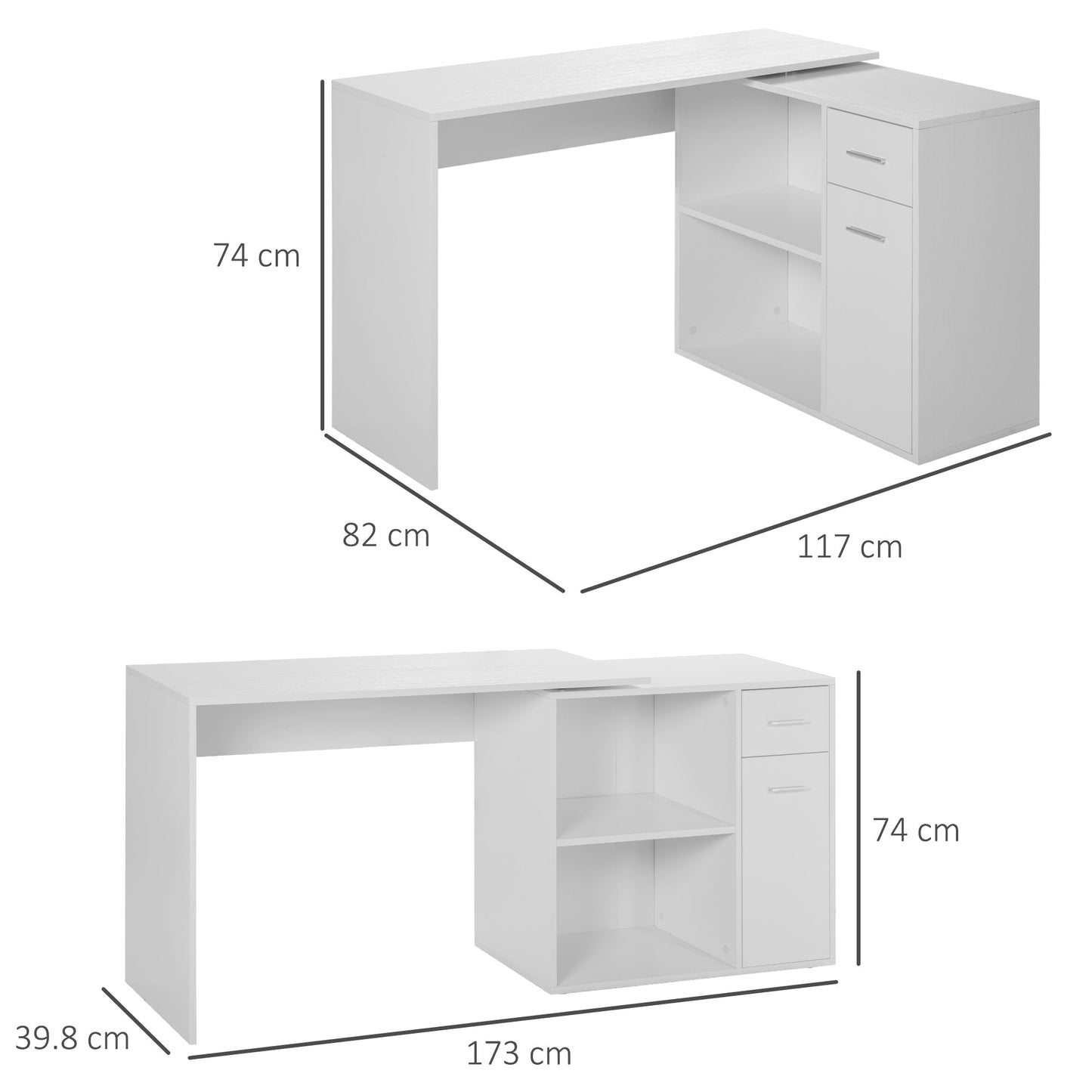 Corner Desk / Standard Desk with removable drawers and 360 ° White Shelf