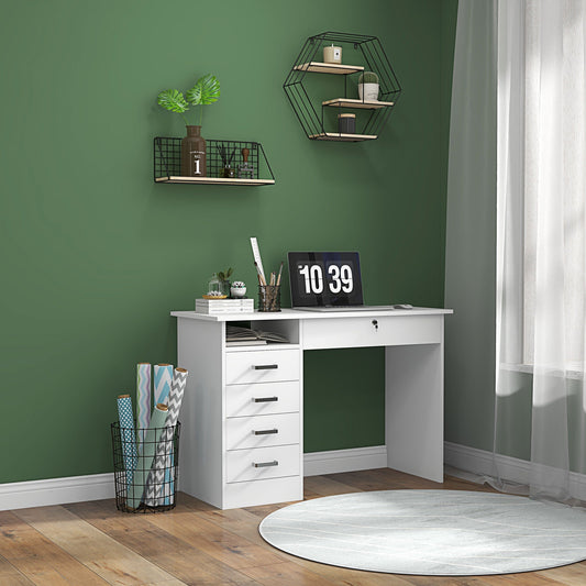 Modern Desk with 5 Drawers and Open Compartment with Lock and 2 Keys, 110x50x76cm, White