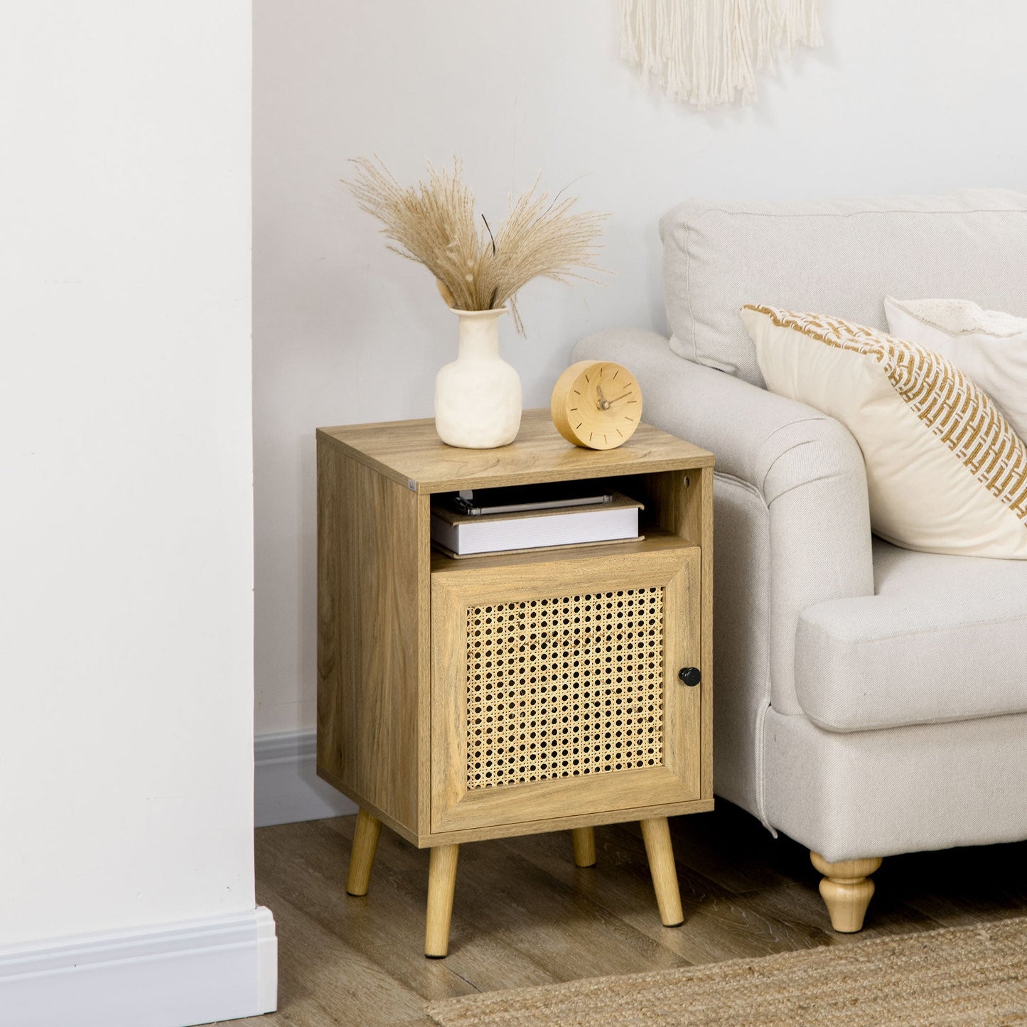 Set of 2 Boho Style Nightstands with Cabinet and Open Shelf, Chipboard, Rattan and MDF, 39x35x60 cm