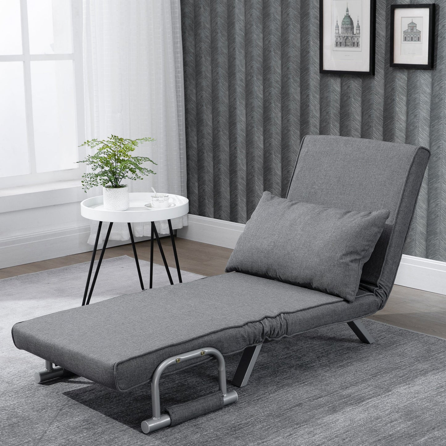 Single Armchair Bed with 5-Level Adjustable Backrest and Fabric Cushion, Light Gray