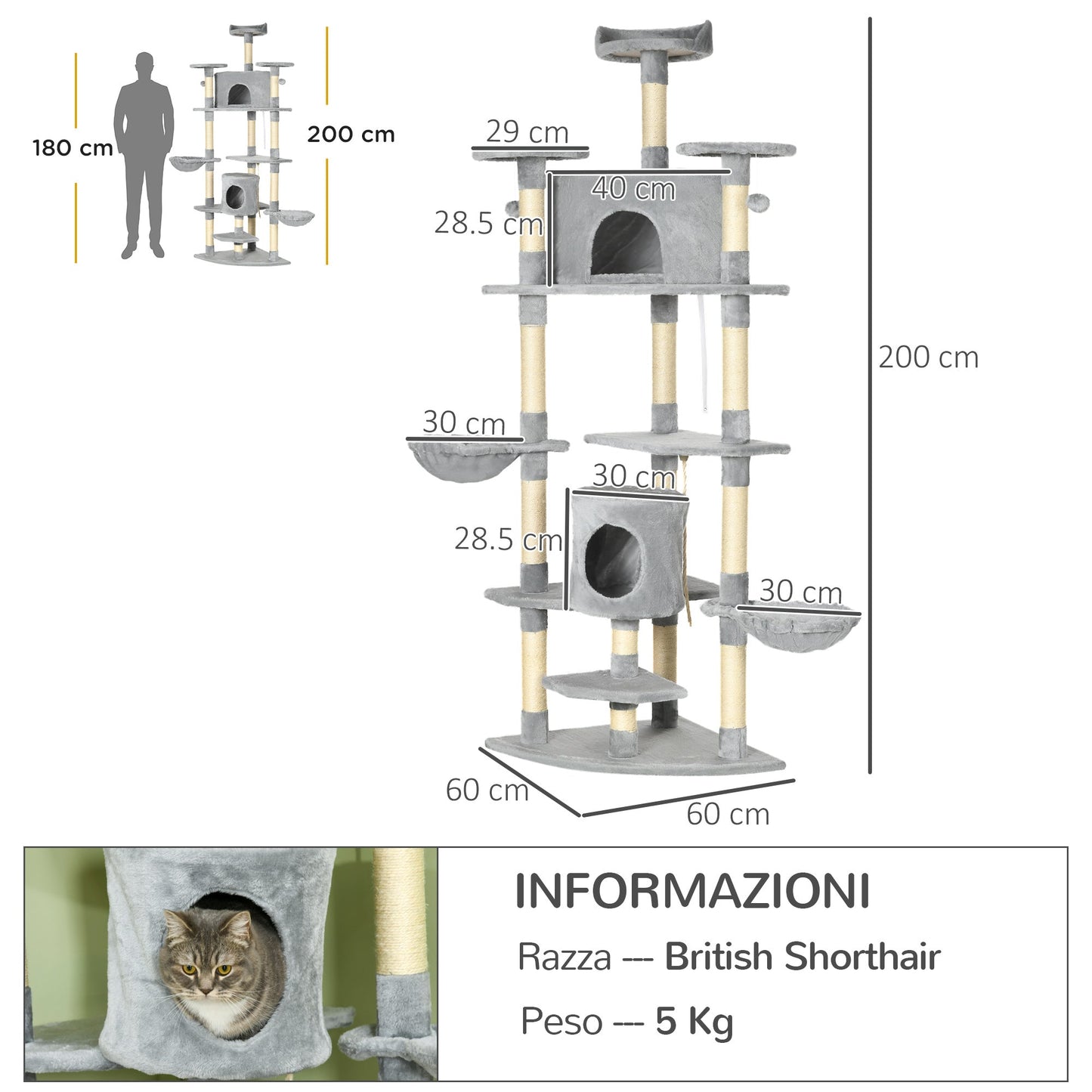 Cat Tree for cats with Scratch Pole, with houses and hammocks, 60x60x200cm, light Grey