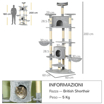 Cat Tree for cats with Scratch Pole, with houses and hammocks, 60x60x200cm, light Grey