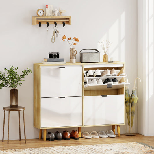 Slim Modern Shoe Rack with 4 Tilting Drawers for 20 Pairs of Shoes, 105x24x92.5 cm, White