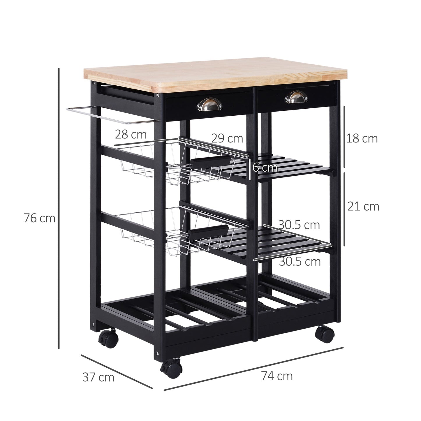 Multipurpose Kitchen Trolley Pine Wood 74 x 37 x 75cm Black