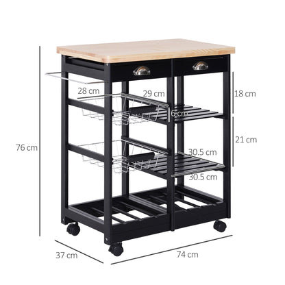 Multipurpose Kitchen Trolley Pine Wood 74 x 37 x 75cm Black