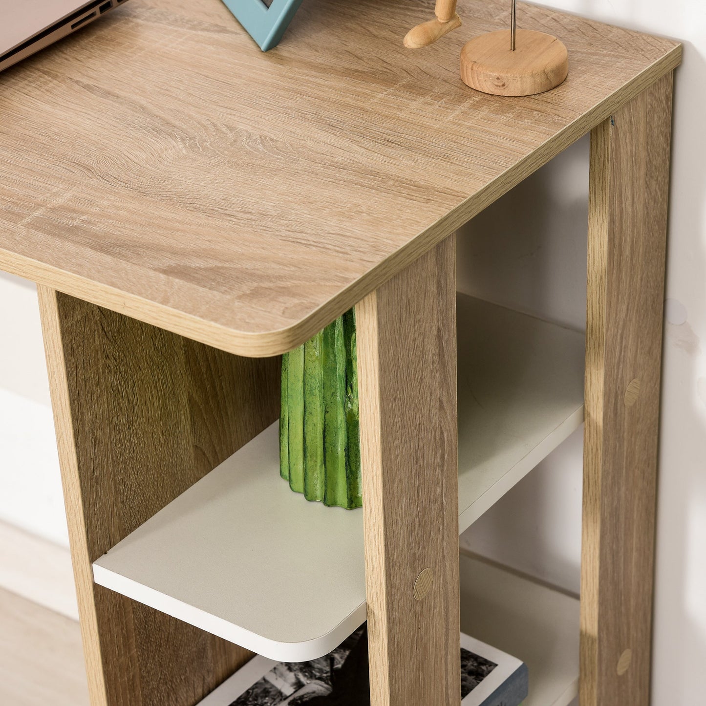 Modern Wooden Desk with 3-Tier Bookshelf, 100x44x74cm, White and Oak