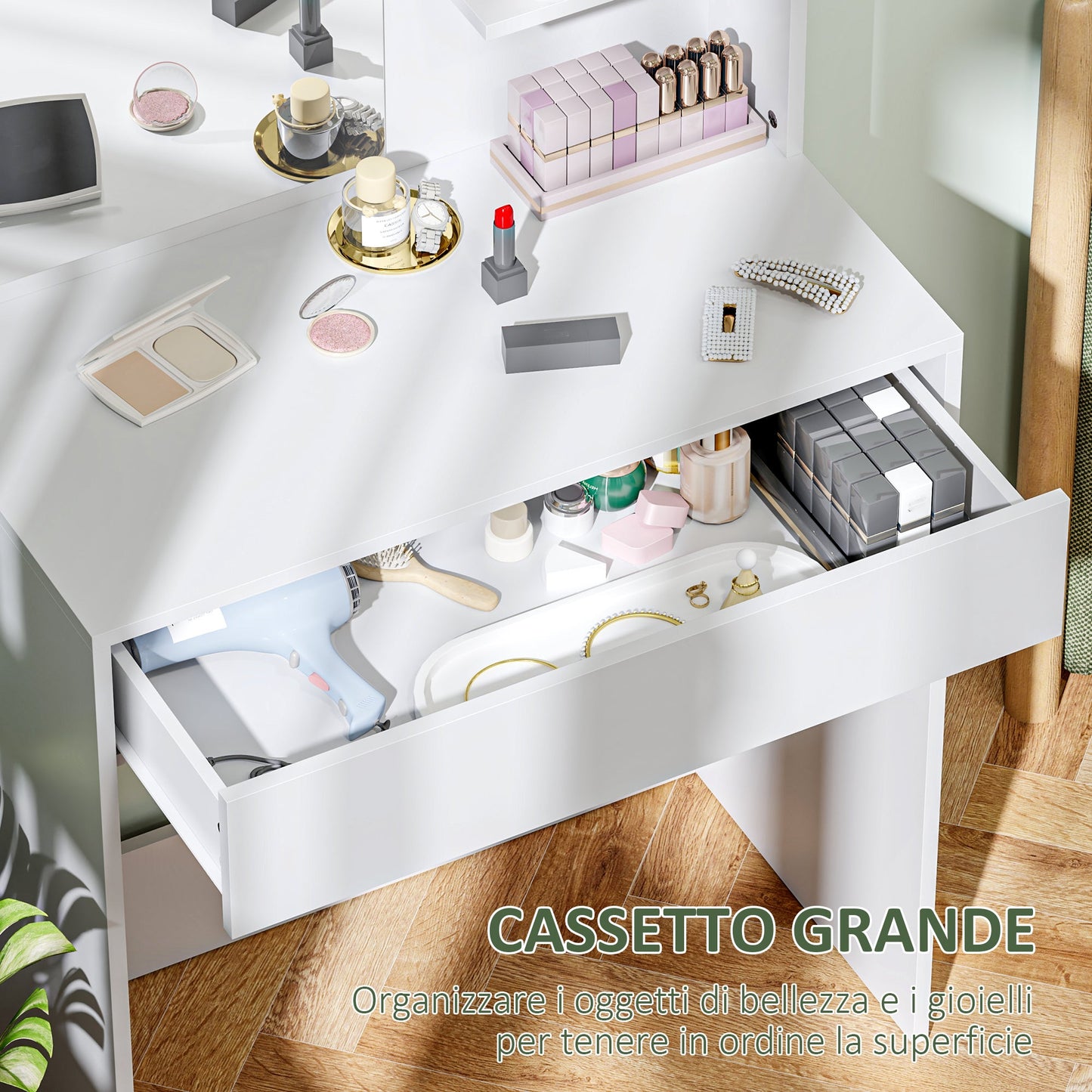 Dressing Table with Mirror, 3 Corner Shelves and Drawer, Wood and Glass, 75x40x137 cm, White