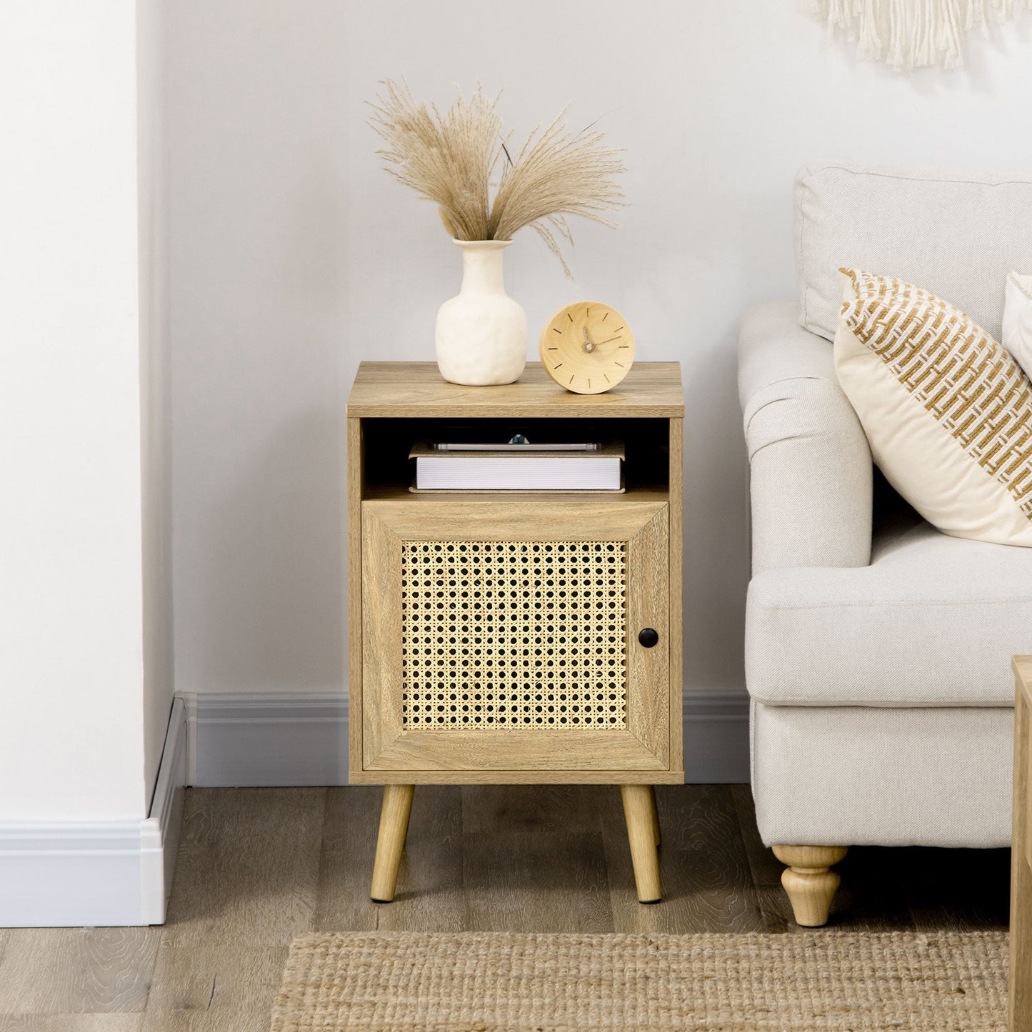 Boho Style Bedroom Bedside Table with Cabinet and Open Shelf in Wood and Rattan, 39x35x60 cm