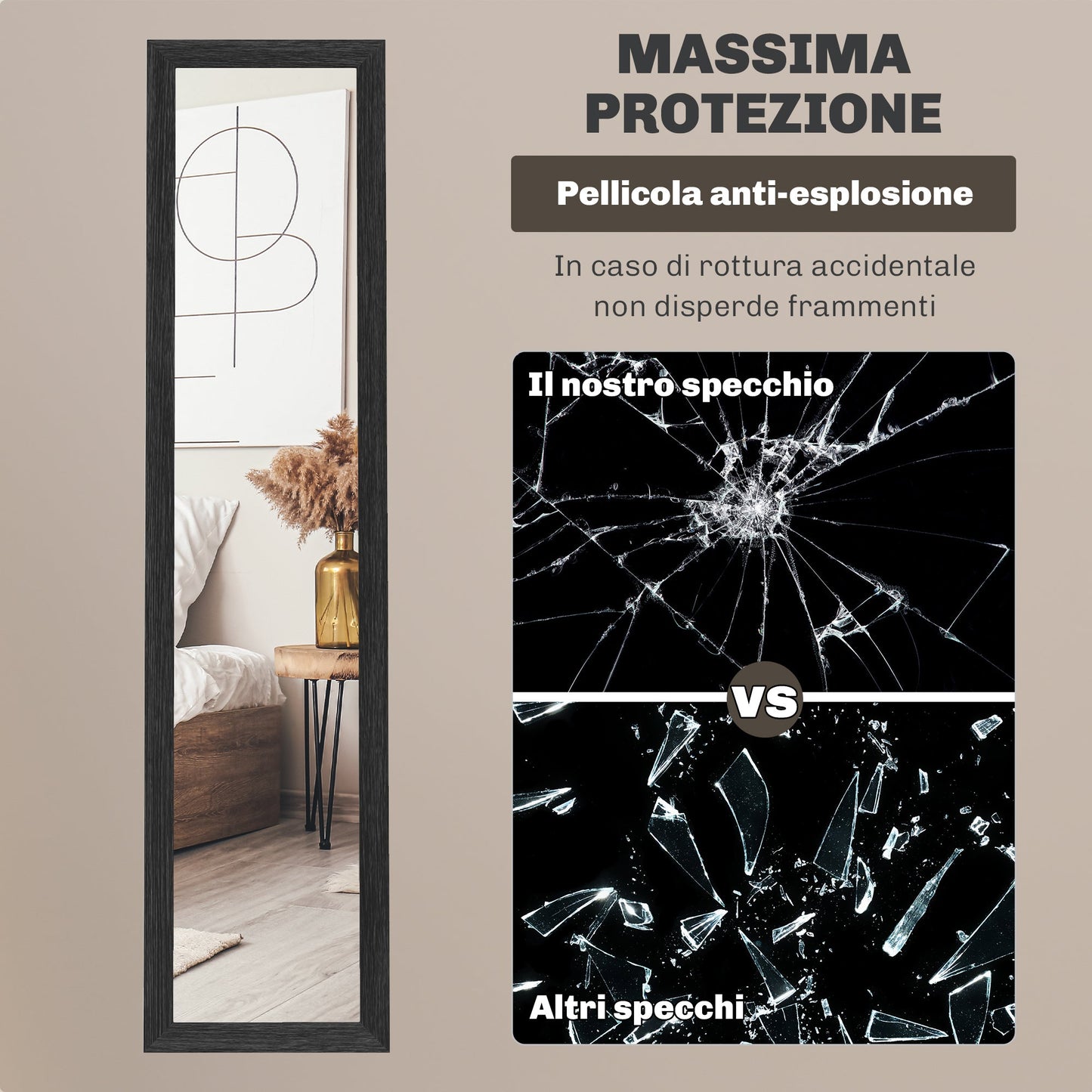 Wall and Freestanding Mirror with MDF Frame for Entrance, Living Room and Bedroom, Black