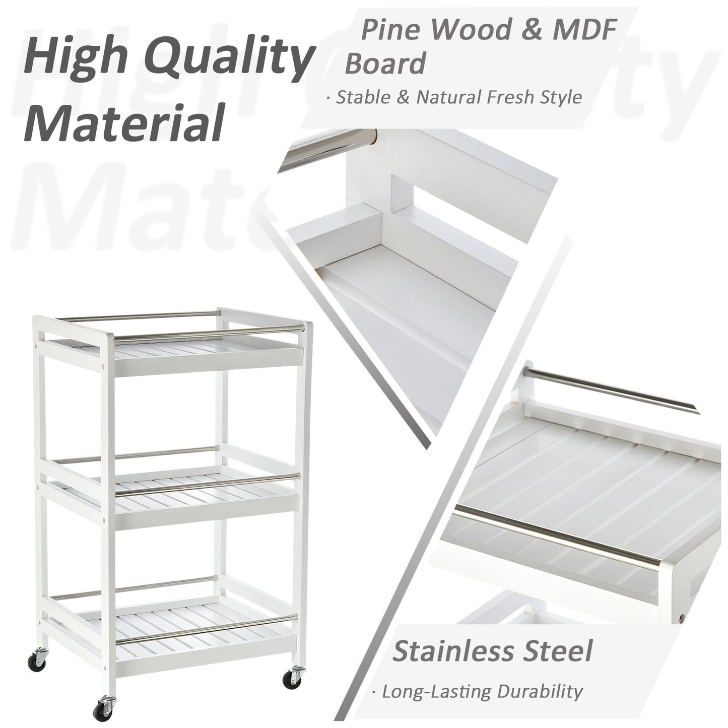 SPOON | Wooden Kitchen Trolley with 3 Shelves and Wheels, 45x38x78cm, White