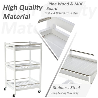 SPOON | Wooden Kitchen Trolley with 3 Shelves and Wheels, 45x38x78cm, White