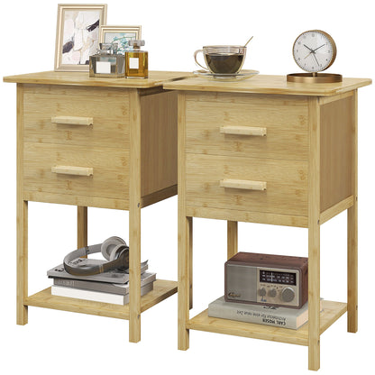 Set of 2 Nordic Style Bedside Tables with 2 Drawers and Lower Shelf, Bamboo, 40x34x60 cm