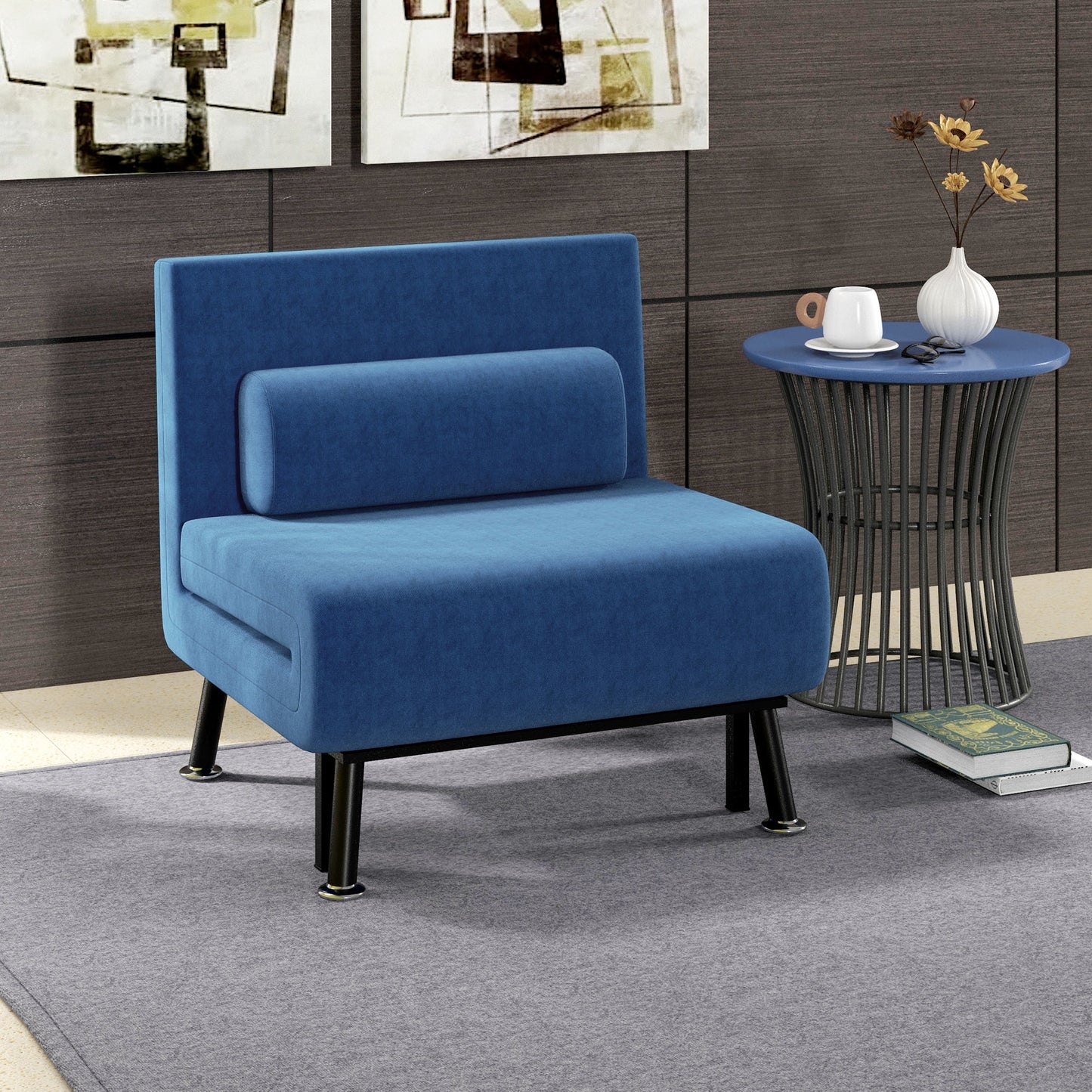 Armchair Bed with Adjustable Backrest in 5 Positions, in Linen Effect Fabric and Steel, 75x70x75 cm, Dark Blue