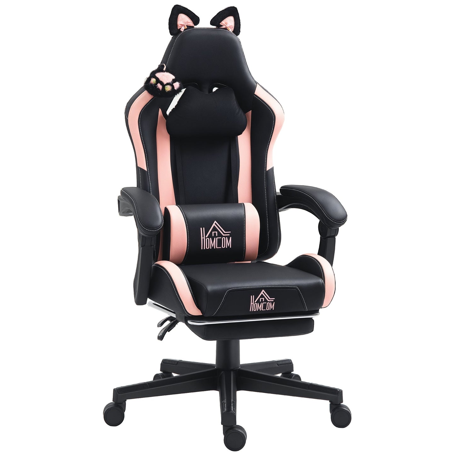 Reclining Gaming Chair with Footrest and Cushions, Faux Leather and Sponge, 65x62x116-124 cm, Pink and Black