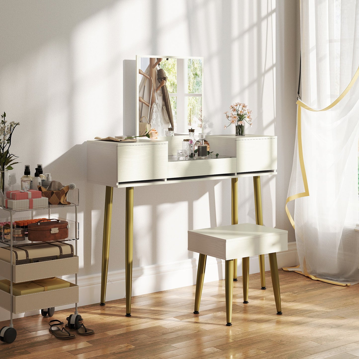 3 Drawer Dressing Table Set with Mirror and Stool, White