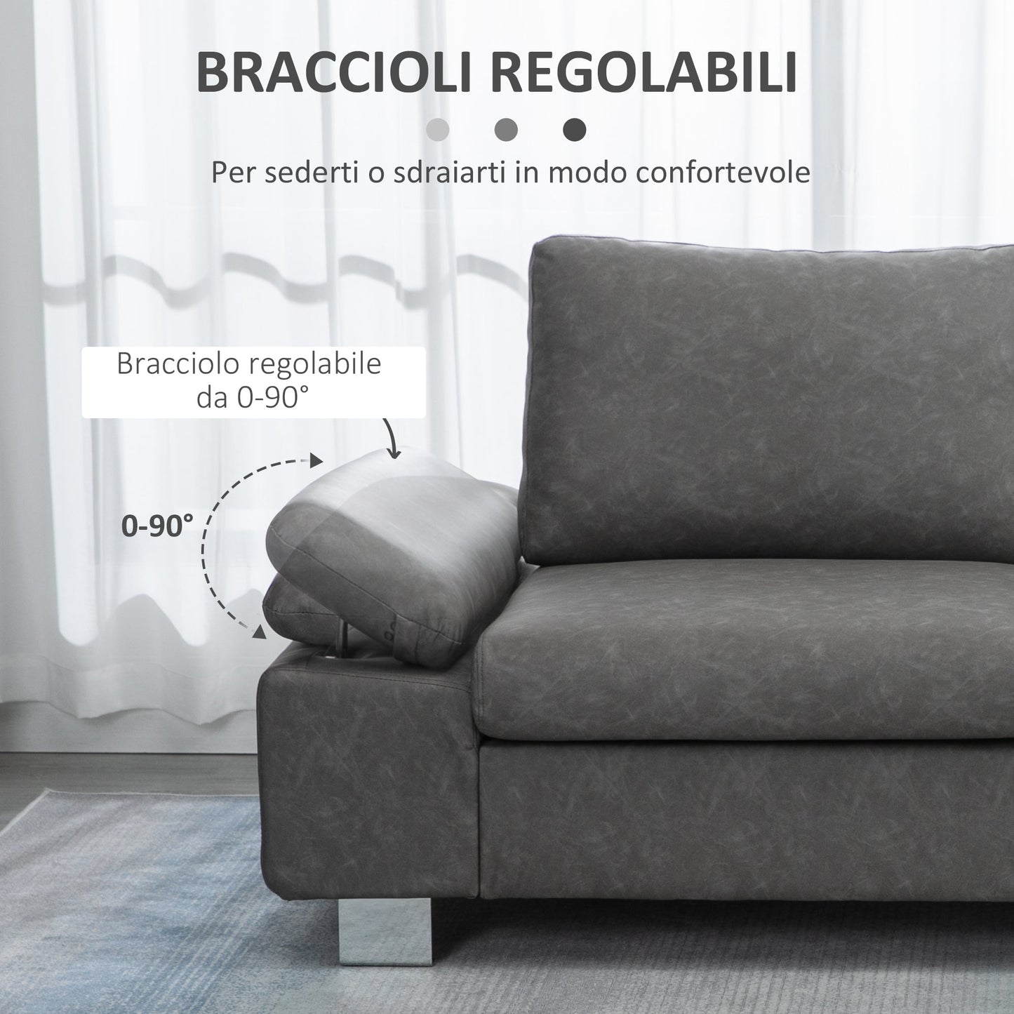 2 Seater Reclining Sofa with Adjustable Armrests, PU, Wood and Metal, 200x88x86 cm, Grey